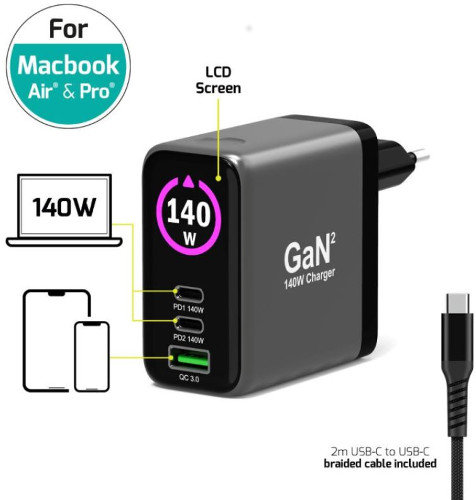 Port zidni punjač 140W type C,GaN2+USB-C kabel 2m