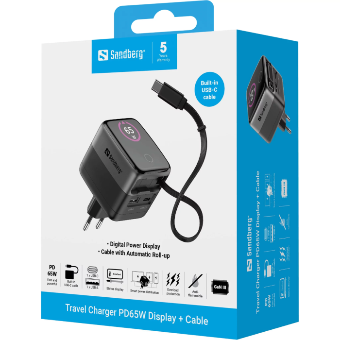 Sandberg PD65W Travel Power Adapter with Display + Built-in 60 cm Cable-5