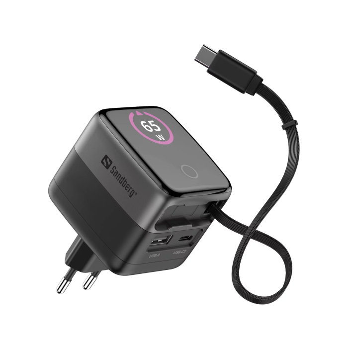 Sandberg PD65W Travel Power Adapter with Display + Built-in 60 cm Cable