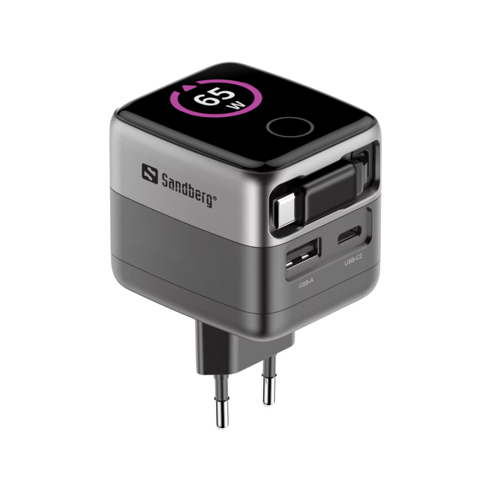 Sandberg PD65W Travel Power Adapter with Display + Built-in 60 cm Cable-1