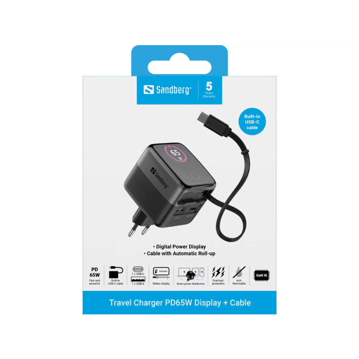 Sandberg PD65W Travel Power Adapter with Display + Built-in 60 cm Cable-4