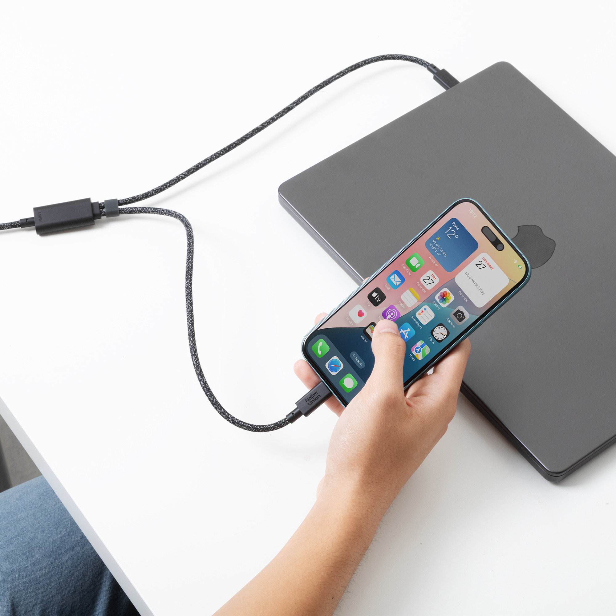 Kabel NATIVE UNION Belt Cable 2-in-1 USB-C (140 W, PD 3.1, dva USB-C konektora za uređaje, cosmos boja)-1