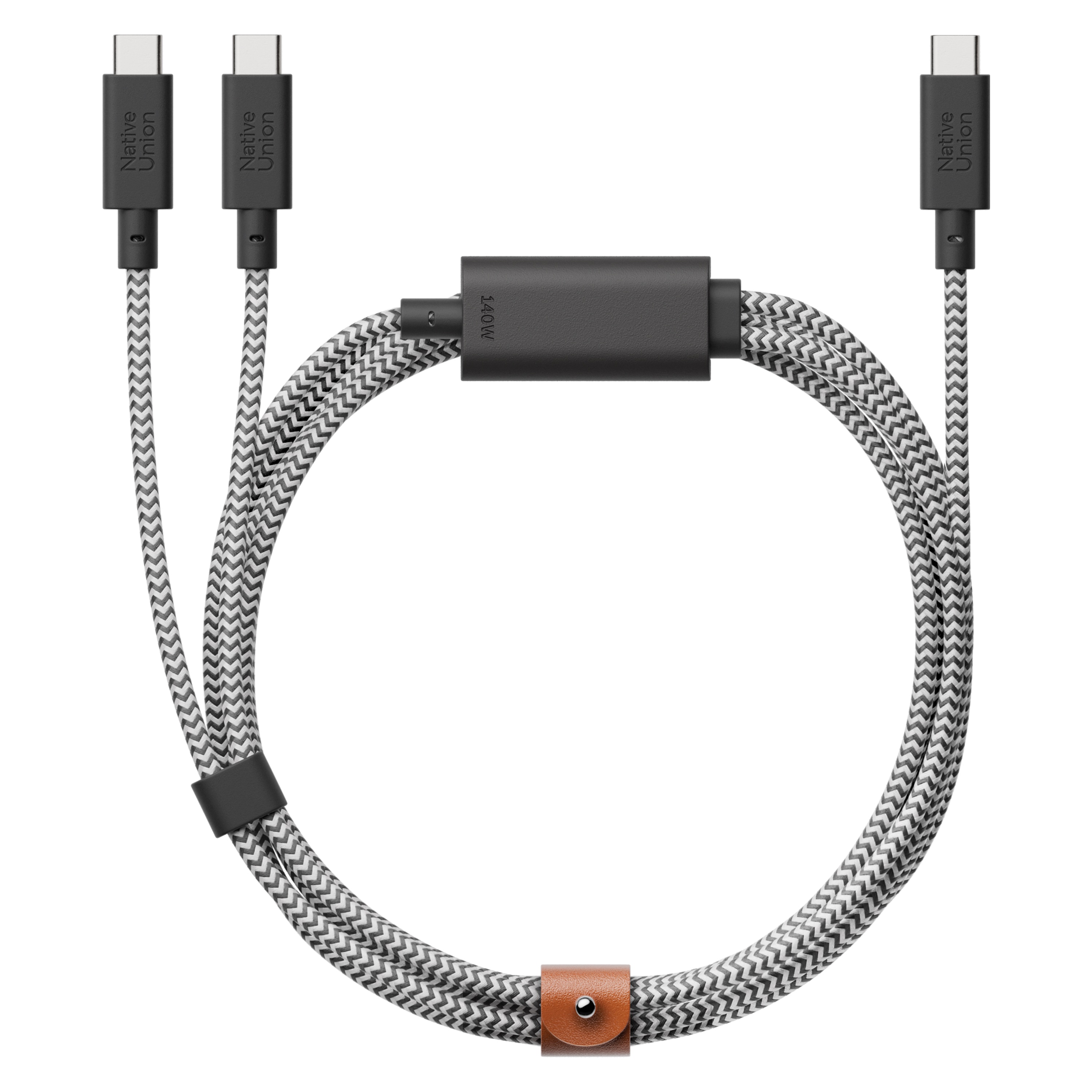 Kabel NATIVE UNION Belt Cable 2-in-1 USB-C (140 W, PD 3.1, dva USB-C konektora za uređaje, zebra boja)