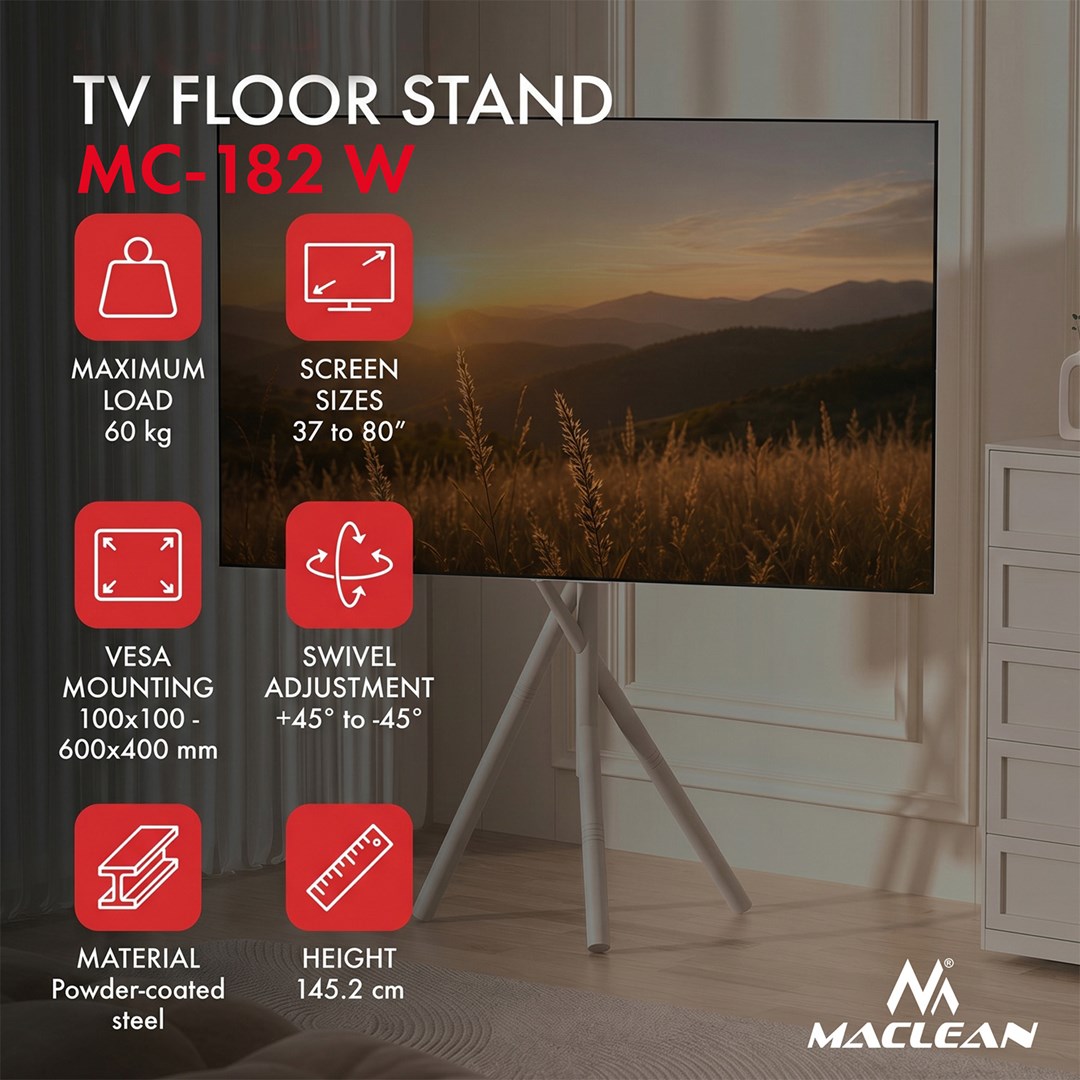 Maclean TV Floor Stand/Mount, 37–80", max. VESA 600x400, max. 60 kg, MC-182 W-3