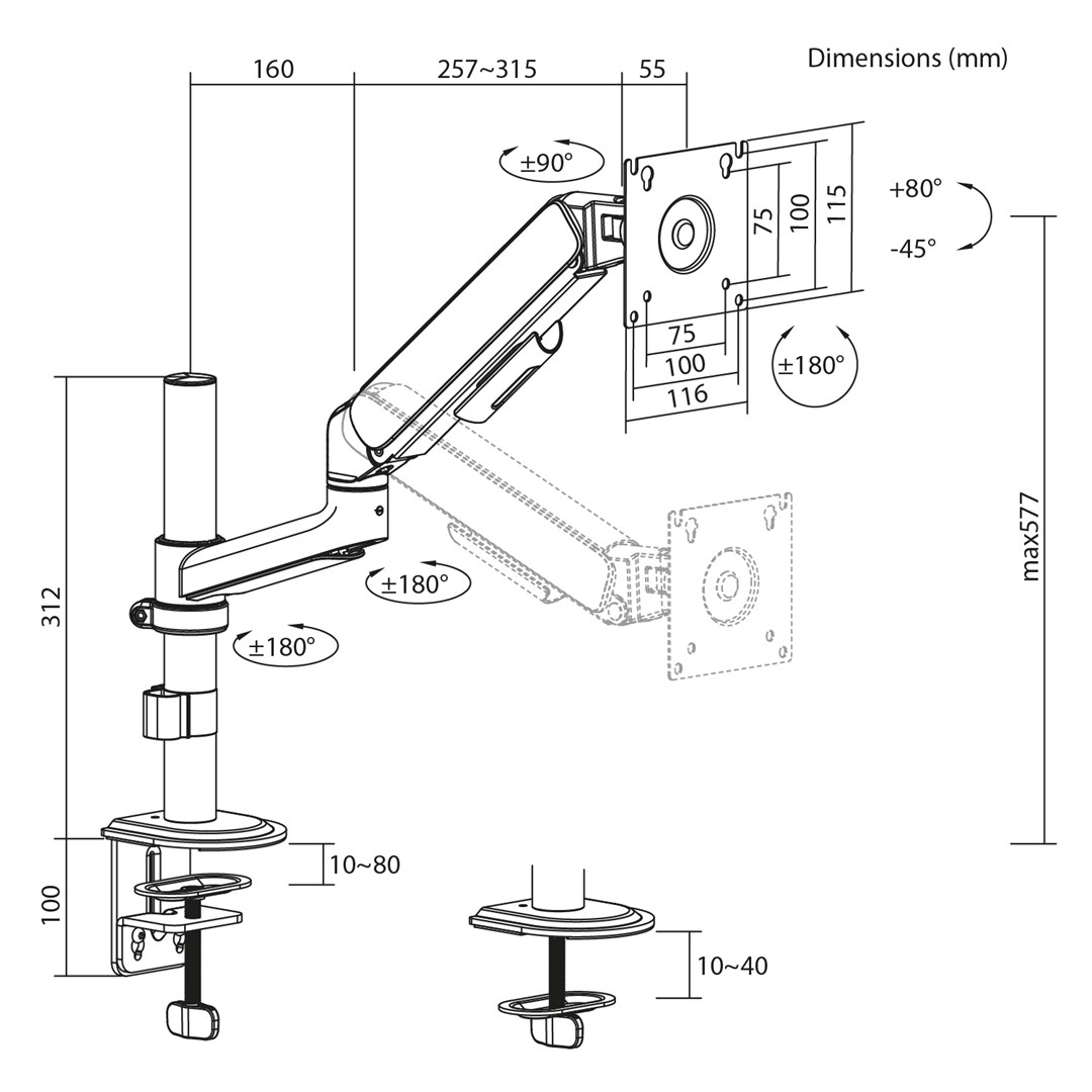Ergo Office Monitor Mount/Hanger, Gas Spring, 17"-32", 1-10 kg, Matte White, Max. VESA 100x100, ER-691 W-1
