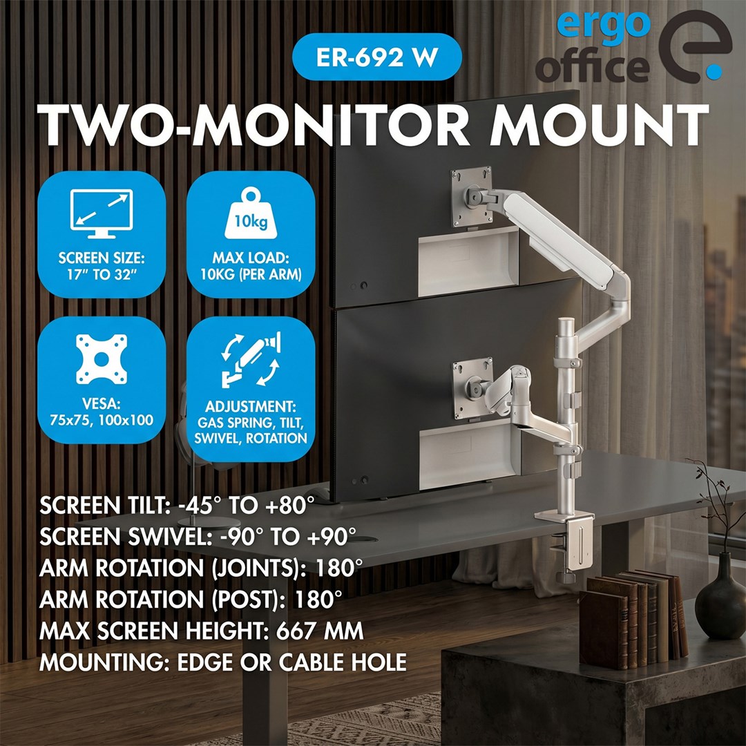 Ergo Office Mount/Hanger for 2 Monitors, Gas Spring, 17"-32", 1-10 kg, Matte White, ER-692 W