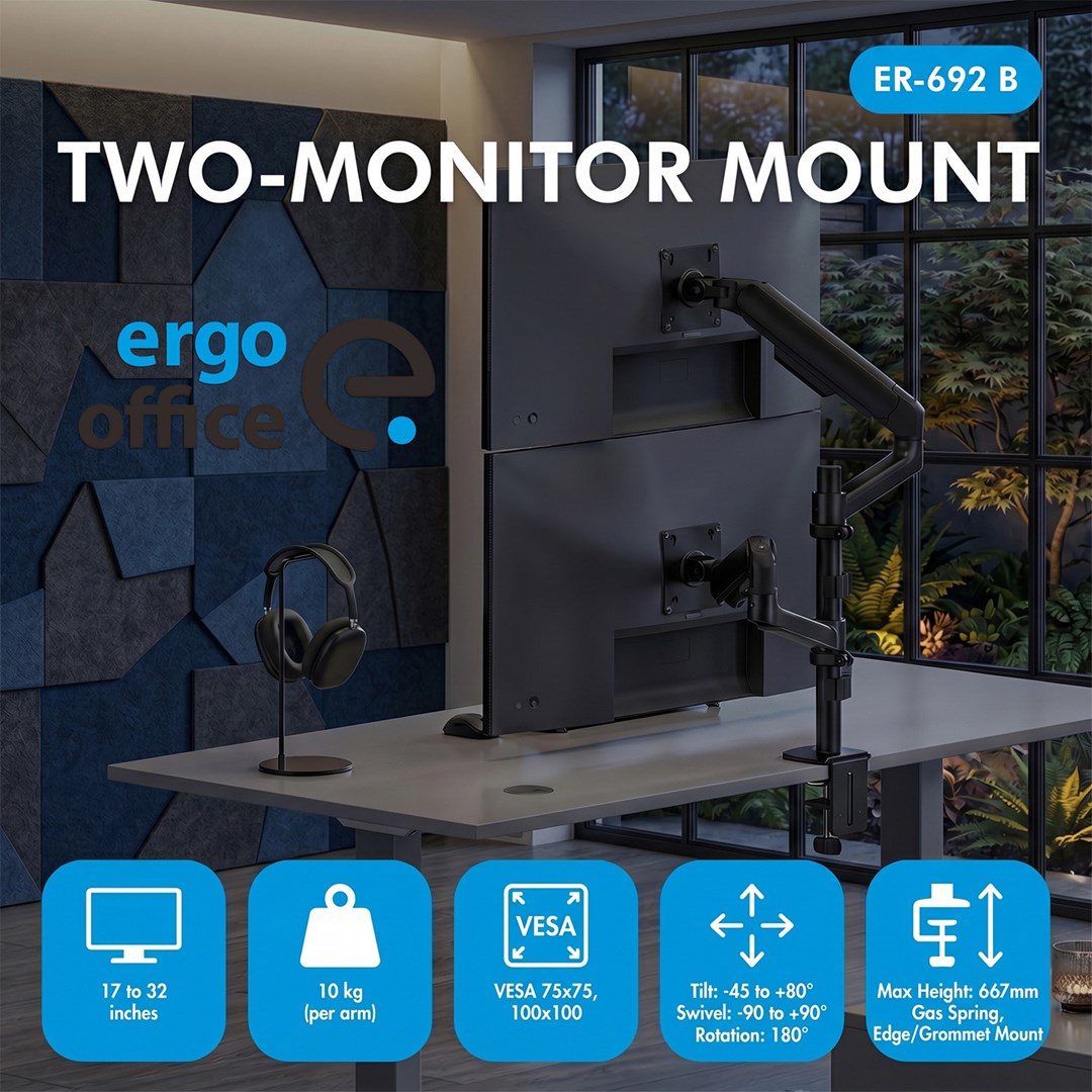 Ergo Office Mount / Holder for 2 Monitors, Gas Spring, 17"-32", 1-10 kg, Matte Black, ER-692 B