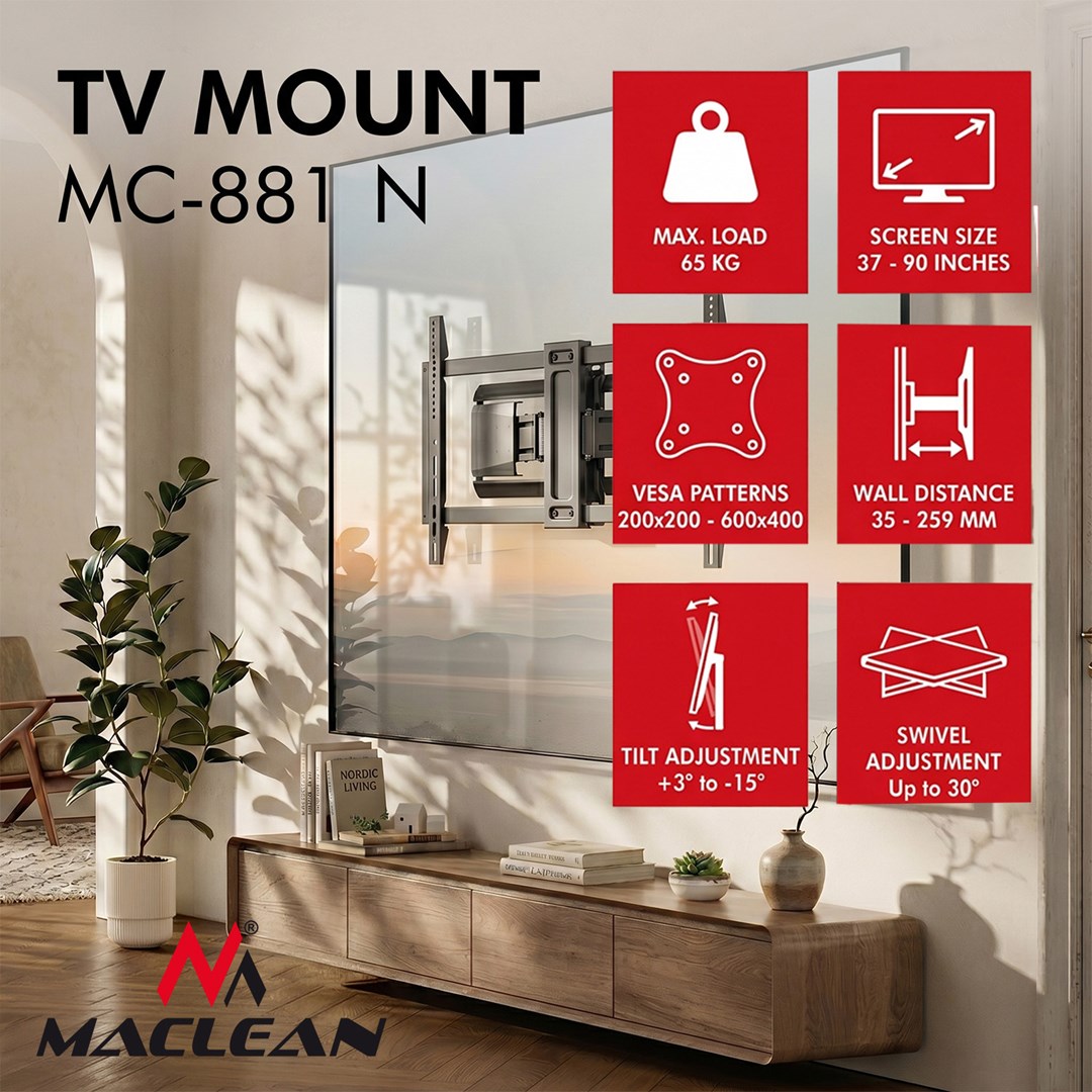 Maclean TV Mount / Bracket, max. VESA 600x400, 37-90", max. load 65 kg, black, MC-881 N-17