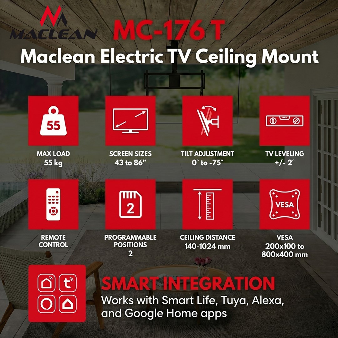 Maclean Electric TV Mount, Ceiling-Mounted, Tuya Compatible, Max. VESA 800x400, for 43-86" TVs, Max. 55 kg, MC-176 T-7