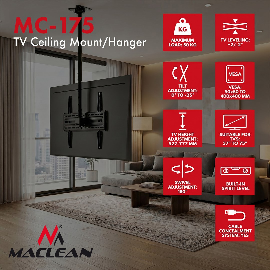 Maclean Ceiling Mount for TV, max. load 50 kg, 37–75", max. VESA 400x400, MC-175-18