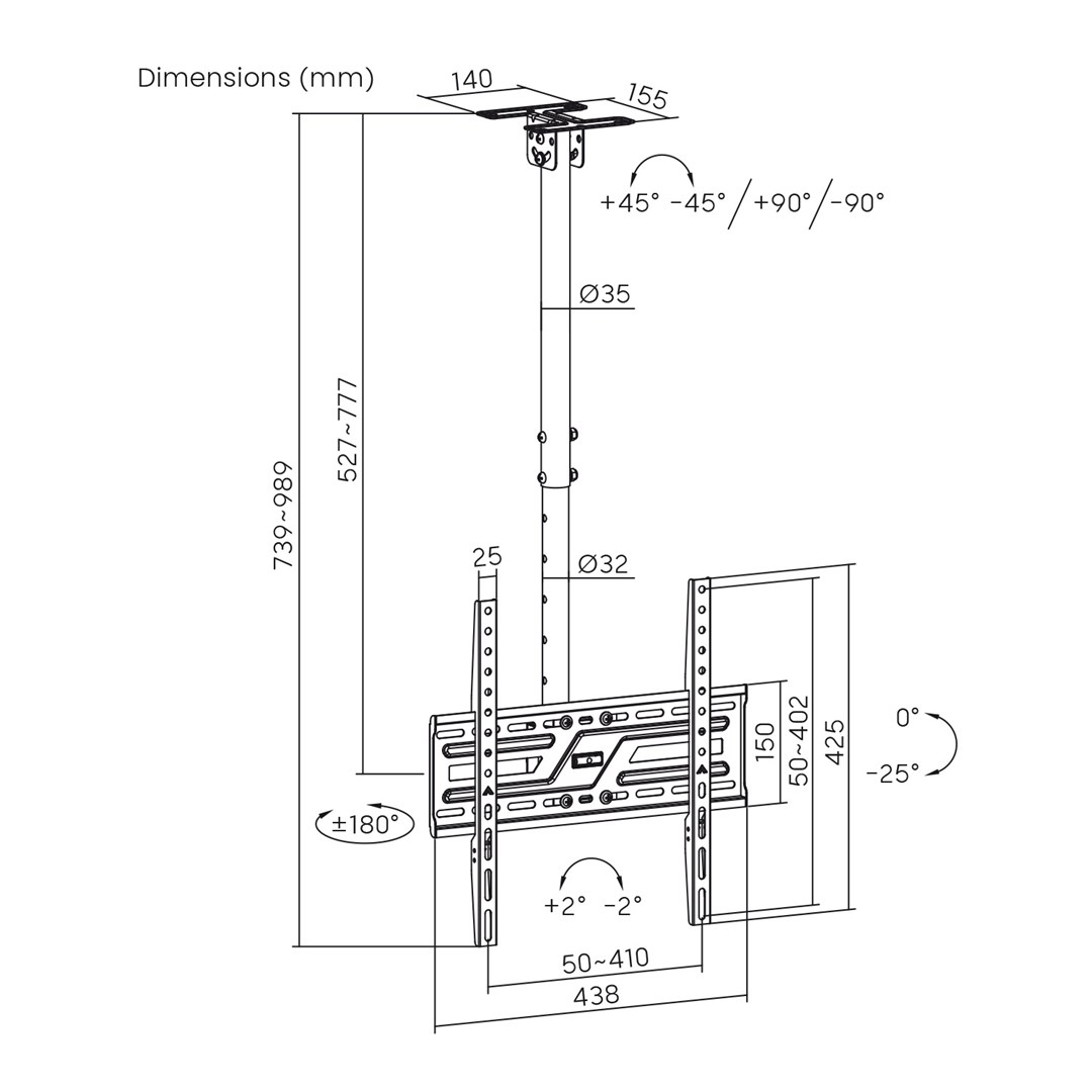 Maclean Ceiling Mount for TV, max. load 50 kg, 37–75", max. VESA 400x400, MC-175-10