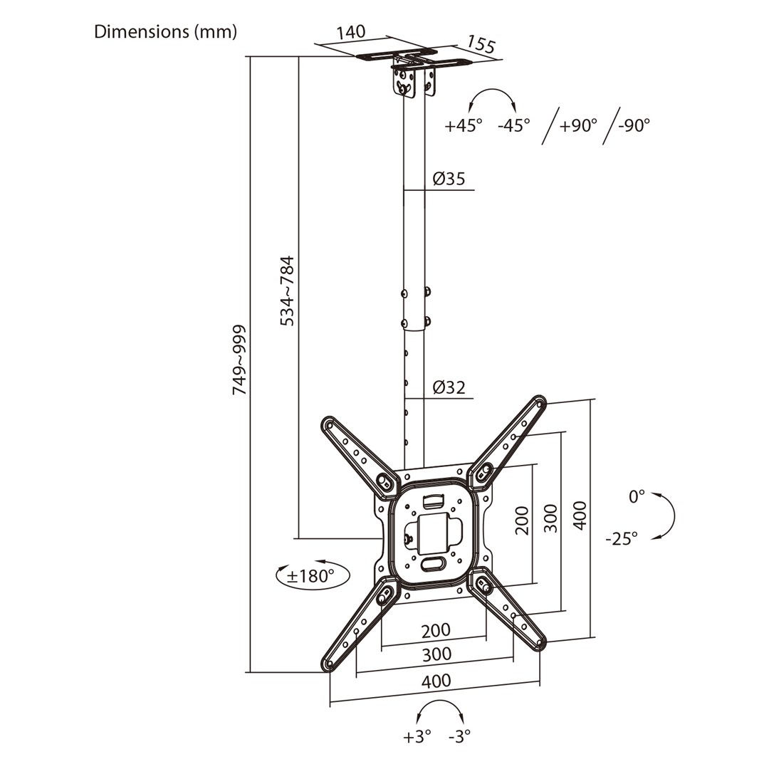 Maclean Ceiling Mount for TV, max. load 35 kg, 23–55", max. VESA 400x400, MC-174-16