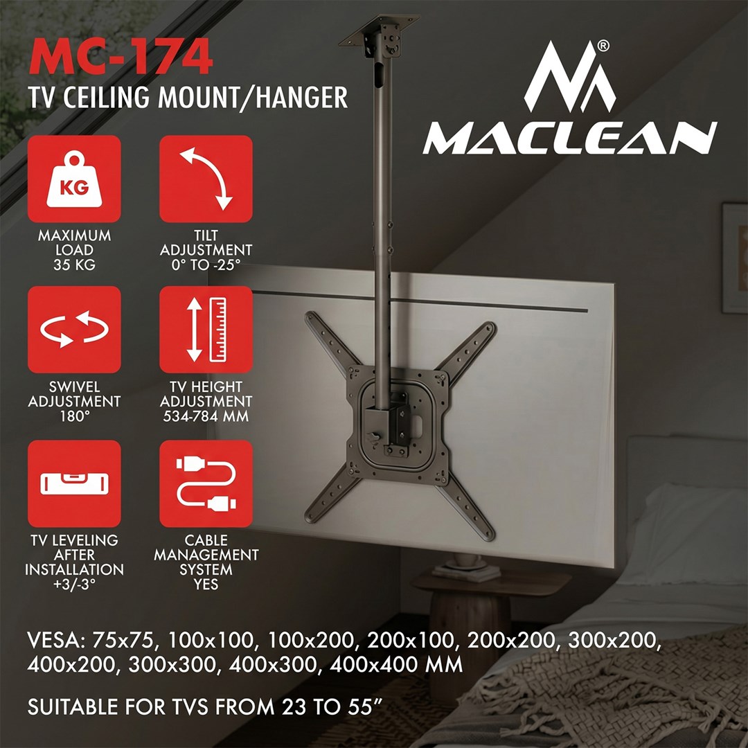 Maclean Ceiling Mount for TV, max. load 35 kg, 23–55", max. VESA 400x400, MC-174-14