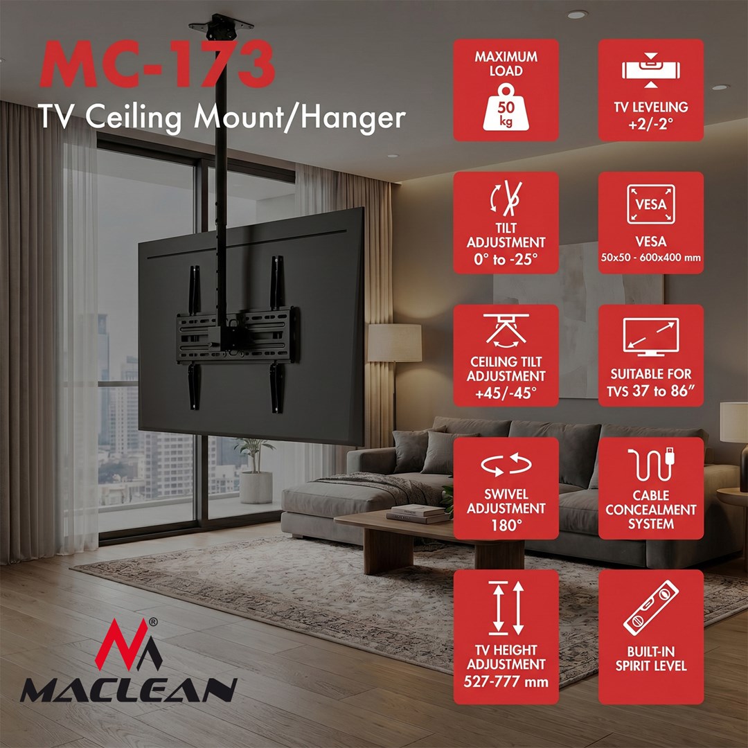 Maclean Ceiling Mount for TV, max. load 50 kg, 37–86", max. VESA 600x400, MC-173-13