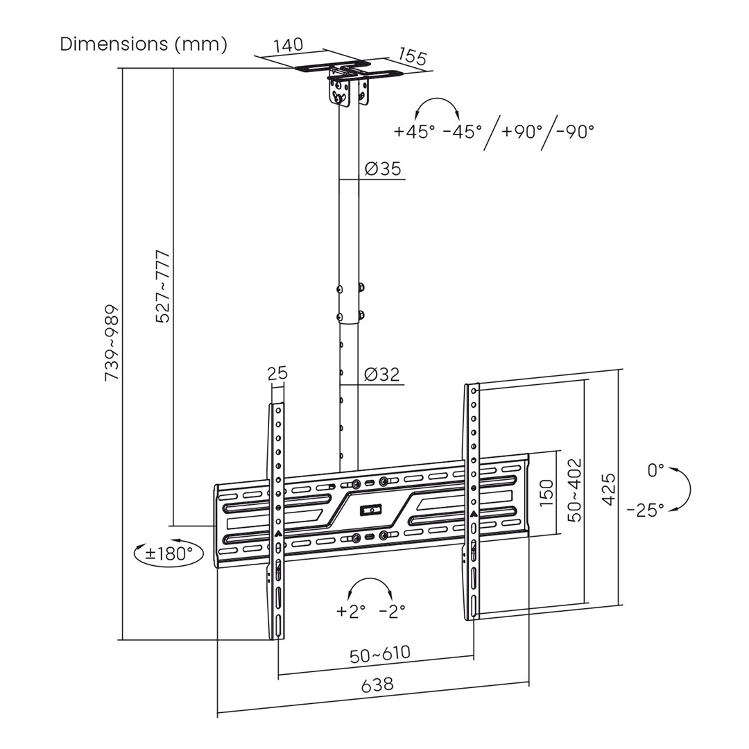Maclean Ceiling Mount for TV, max. load 50 kg, 37–86", max. VESA 600x400, MC-173-12