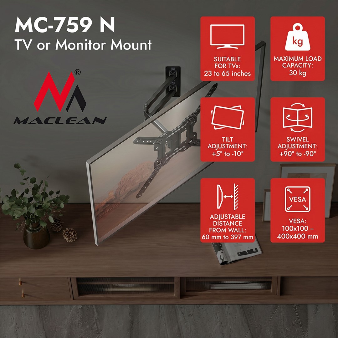 Maclean TV or Monitor Mount / Bracket, max. 23–65", max. load 30 kg, universal, max. VESA 400x400, MC-759 N-3