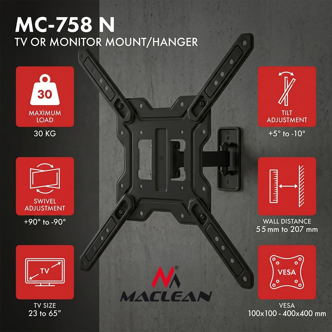 Maclean TV or Monitor Mount / Bracket, max. 23–65", max. load 30 kg, universal, max. VESA 400x400, MC-758 N-0