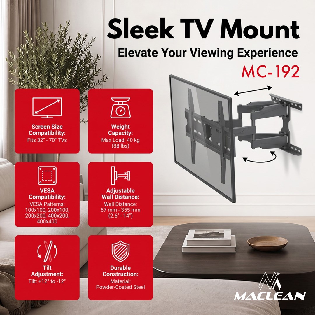 Maclean TV Mount / Bracket, max VESA 400x400, 32-70", up to 40 kg, black, tilt adjustment +12°–-12° and swivel adjustment +60°–-60°, MC-192-10