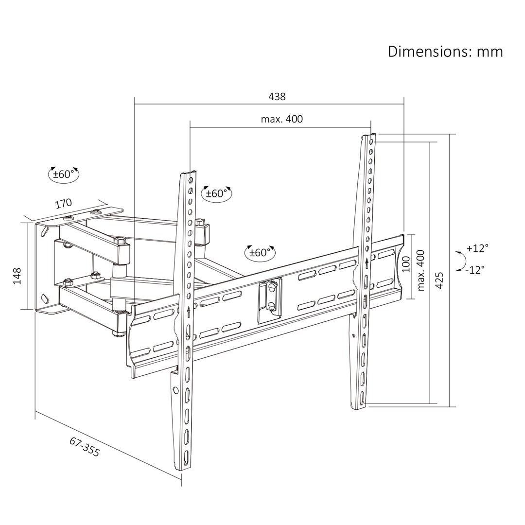 Maclean TV Mount / Bracket, max VESA 400x400, 32-70", up to 40 kg, black, tilt adjustment +12°–-12° and swivel adjustment +60°–-60°, MC-192-7