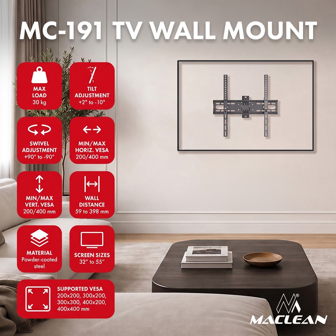 Maclean TV Mount / Bracket, max VESA 400x400, 32-55", up to 30 kg, black, tilt adjustment +2°~-10° and swivel adjustment +90°~-90°, MC-191-5
