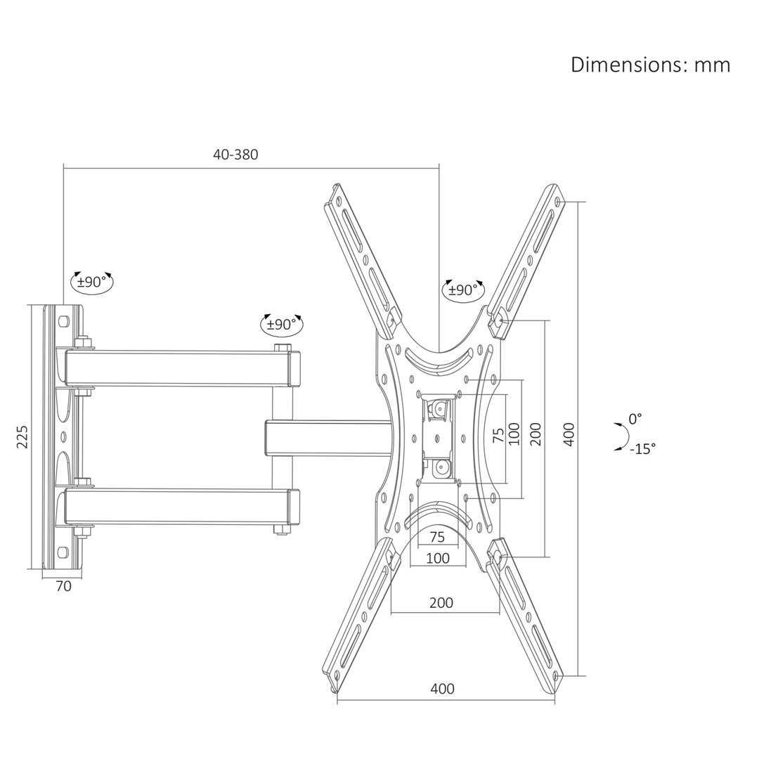 Maclean TV Mount / Bracket, max VESA 400x400, 32-55", up to 25 kg, black, tilt adjustment 0°–-15° and swivel adjustment +90°–-90°, MC-190-2