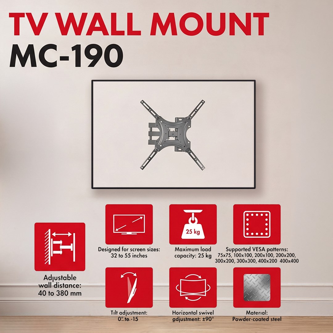 Maclean TV Mount / Bracket, max VESA 400x400, 32-55", up to 25 kg, black, tilt adjustment 0°–-15° and swivel adjustment +90°–-90°, MC-190-1