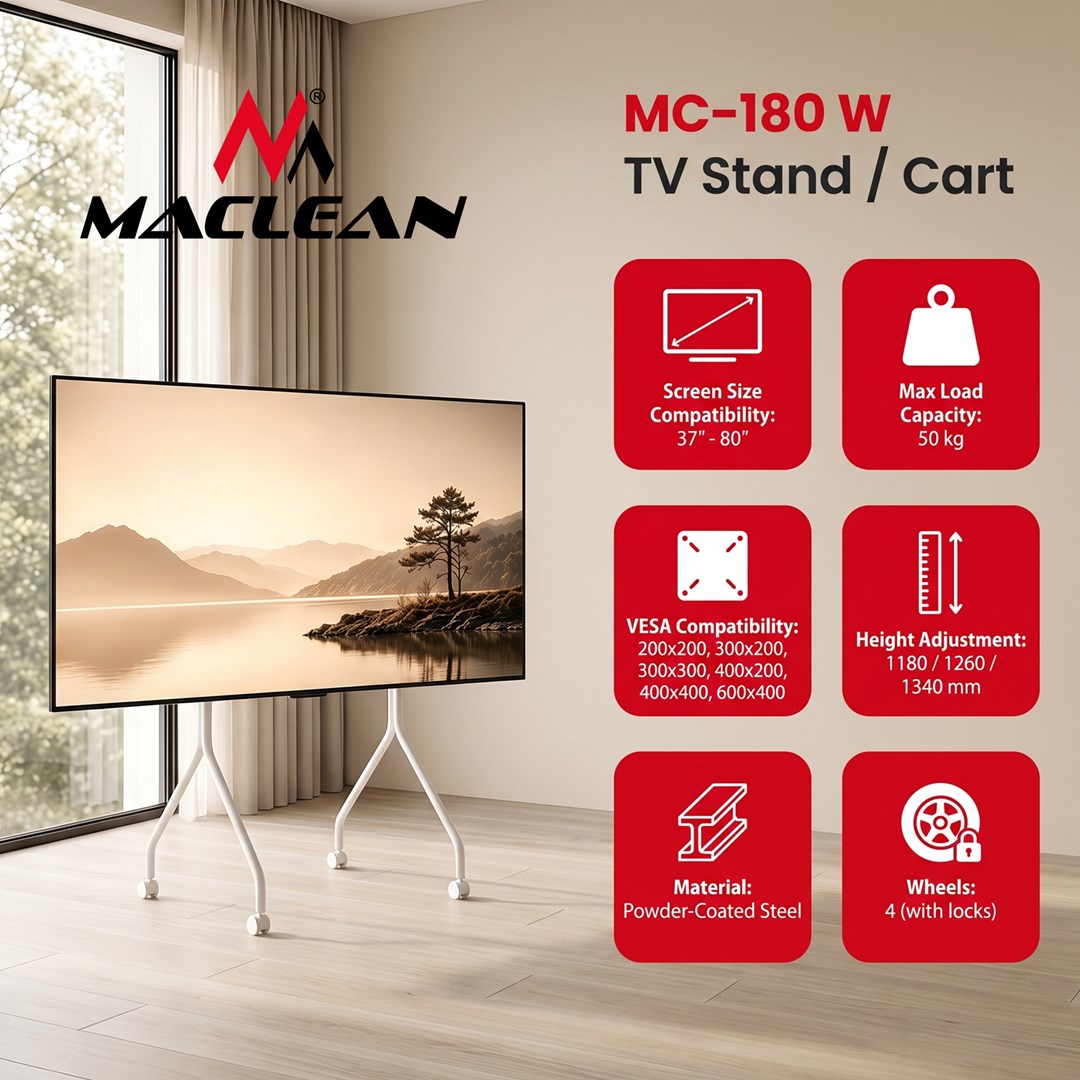 Maclean TV Stand / Cart, on wheels, 37–80", max. load 50 kg, max. VESA 600x400, white, MC-180 W-6