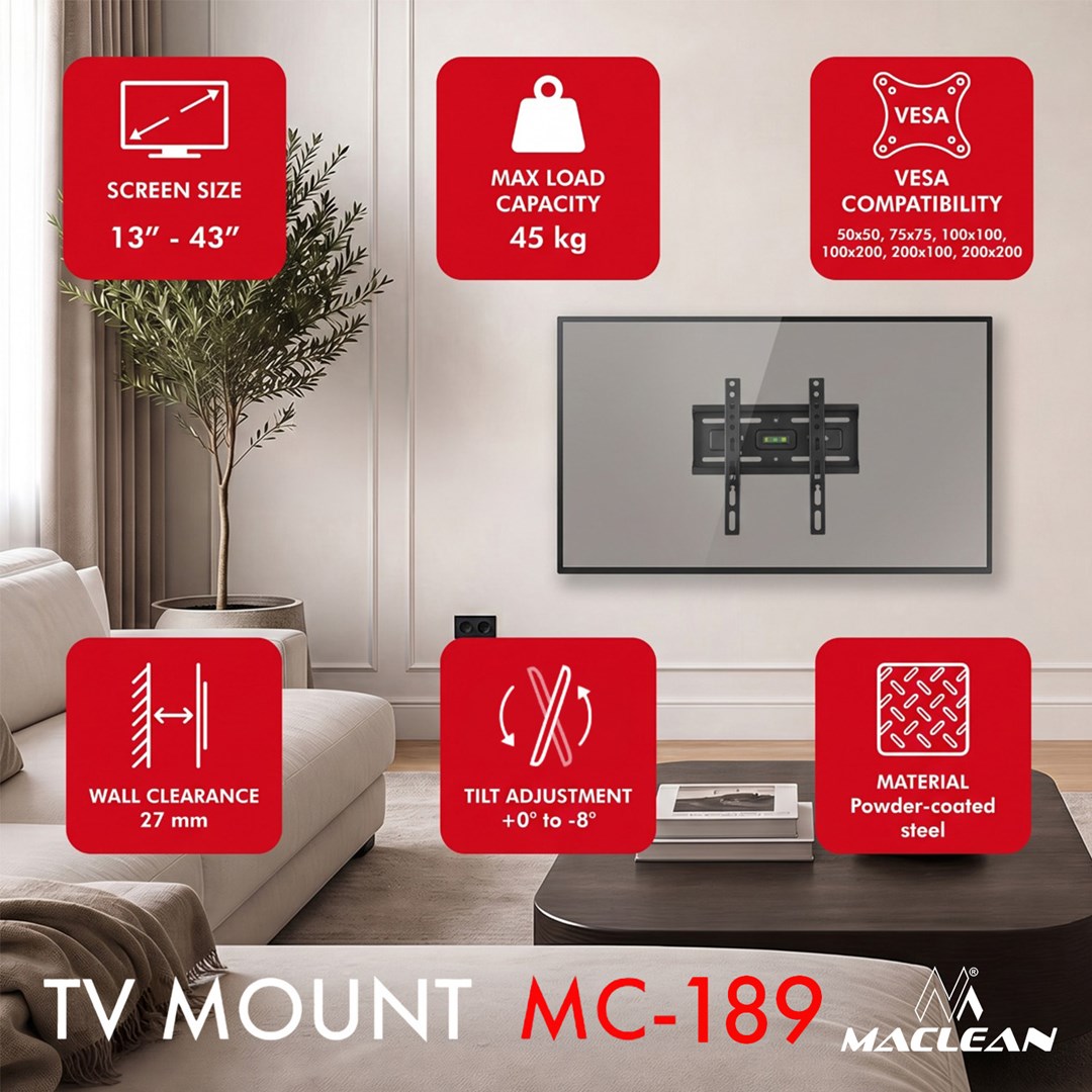 Maclean TV Mount / Bracket, max VESA 200x200, 13-43", up to 45 kg, black, tilt adjustment +2°–-10°, MC-189-9