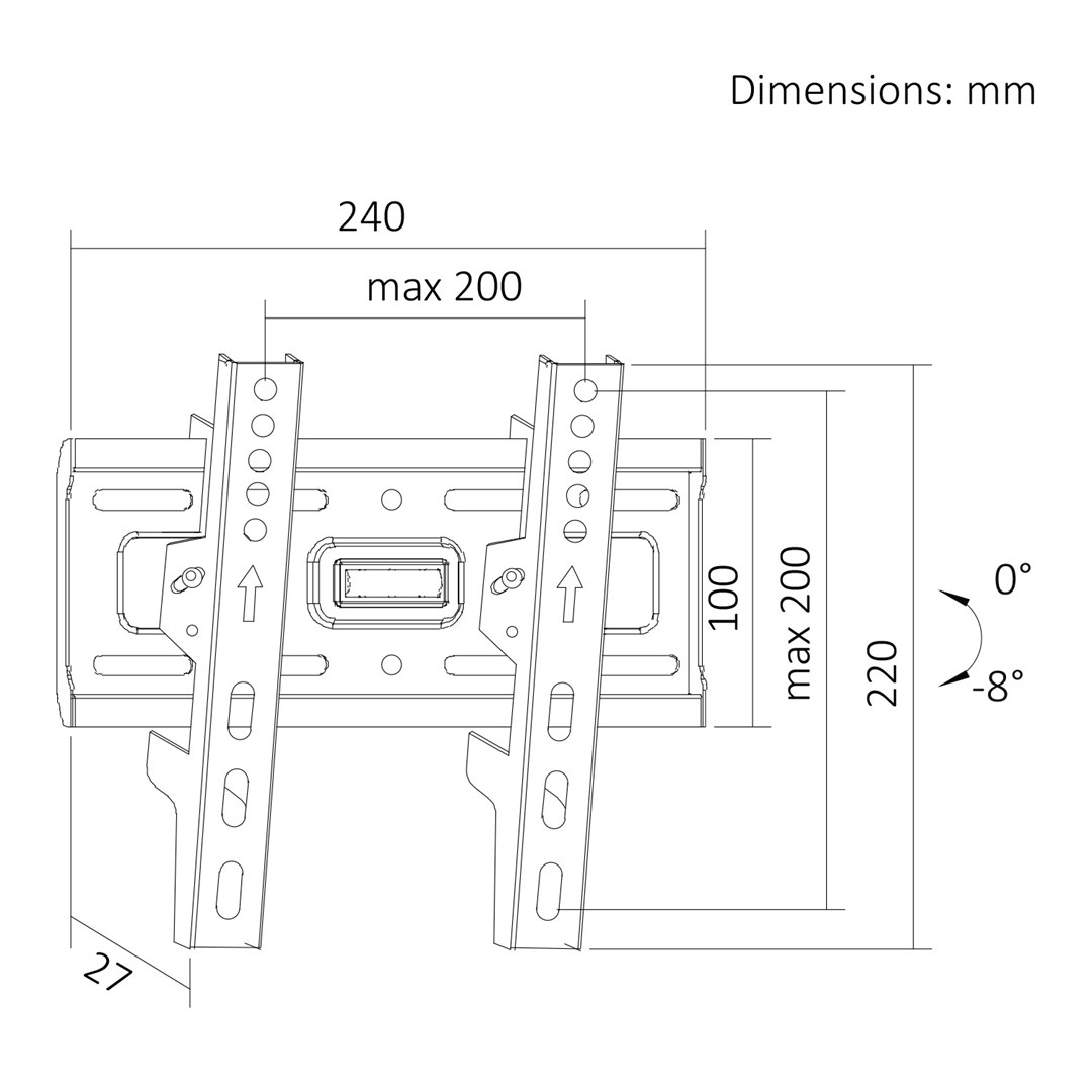 Maclean TV Mount / Bracket, max VESA 200x200, 13-43", up to 45 kg, black, tilt adjustment +2°–-10°, MC-189-10