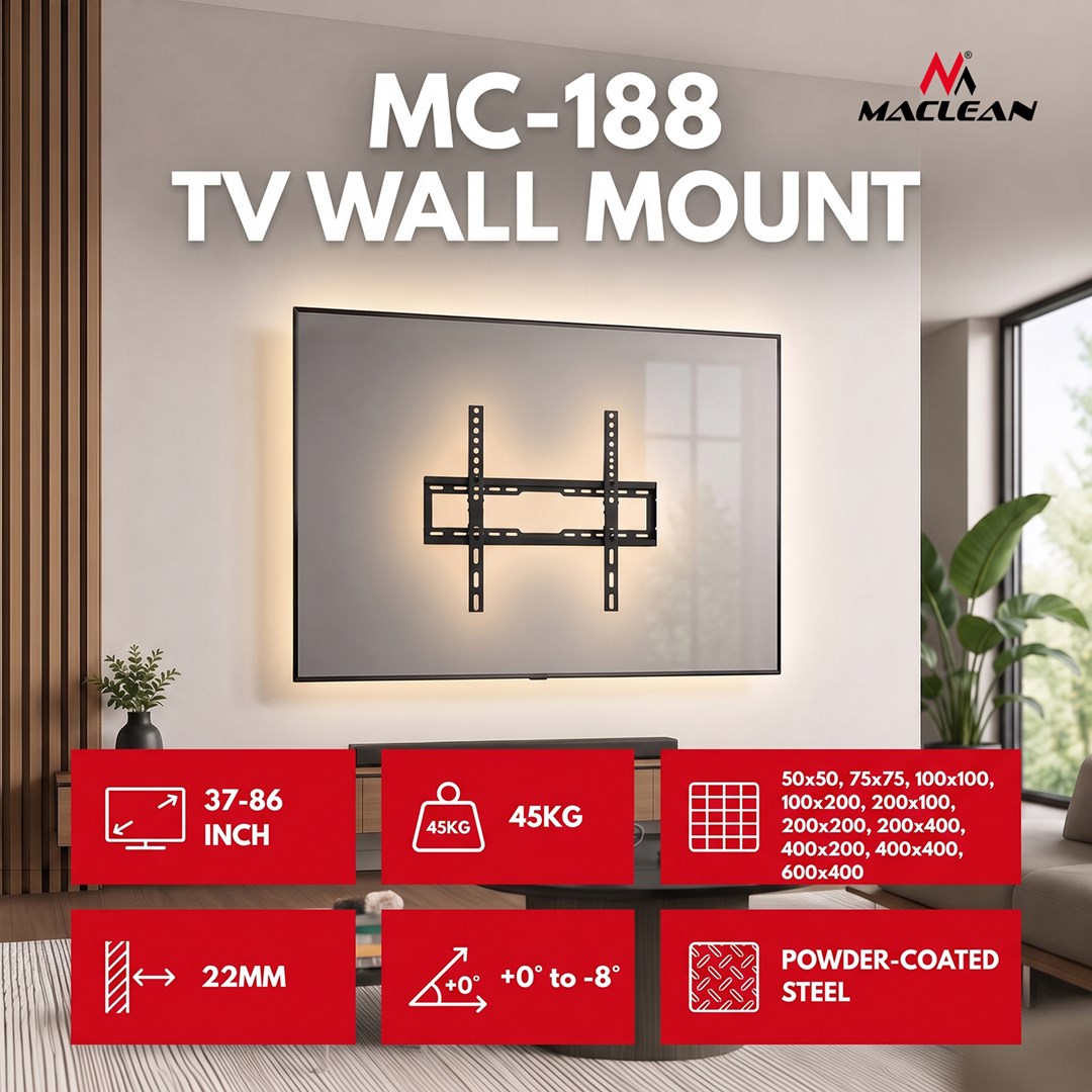 Maclean TV Mount / Bracket, max VESA 600x400, 37-86", up to 45 kg, black, tilt adjustment 0°–8°, MC-188-0