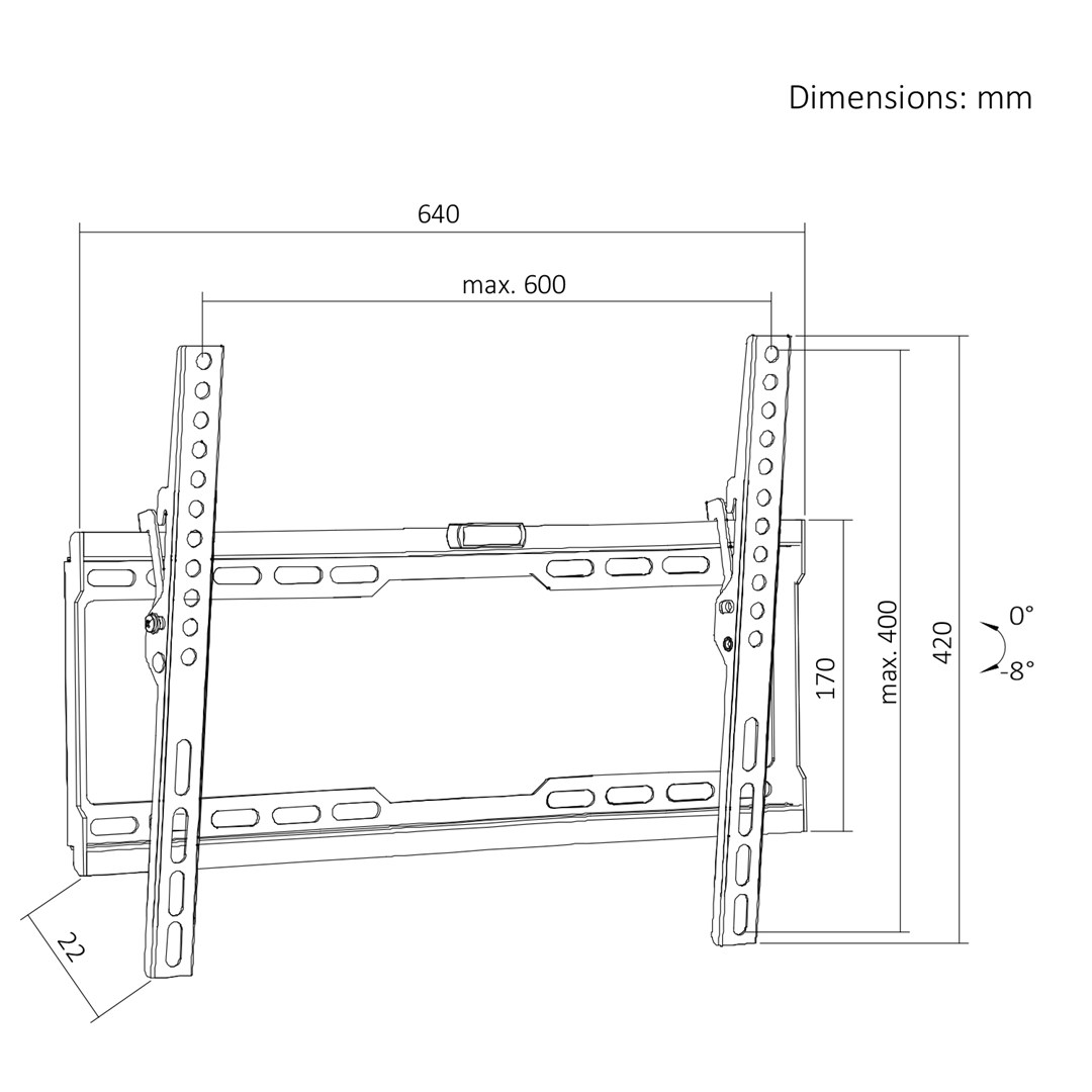 Maclean TV Mount / Bracket, max VESA 600x400, 37-86", up to 45 kg, black, tilt adjustment 0°–8°, MC-188-3