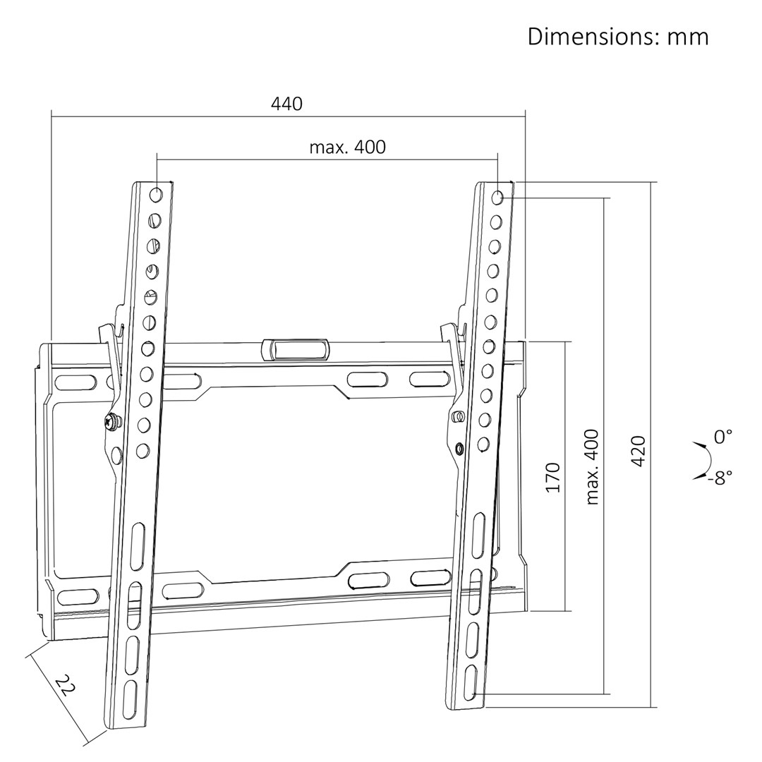 Maclean TV Mount / Bracket, max VESA 400x400, 32-75", up to 45 kg, black, tilt adjustment 0°–8°, MC-187-12