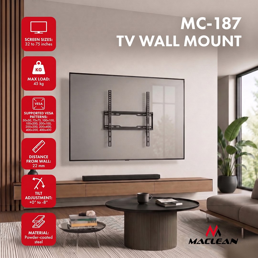 Maclean TV Mount / Bracket, max VESA 400x400, 32-75", up to 45 kg, black, tilt adjustment 0°–8°, MC-187