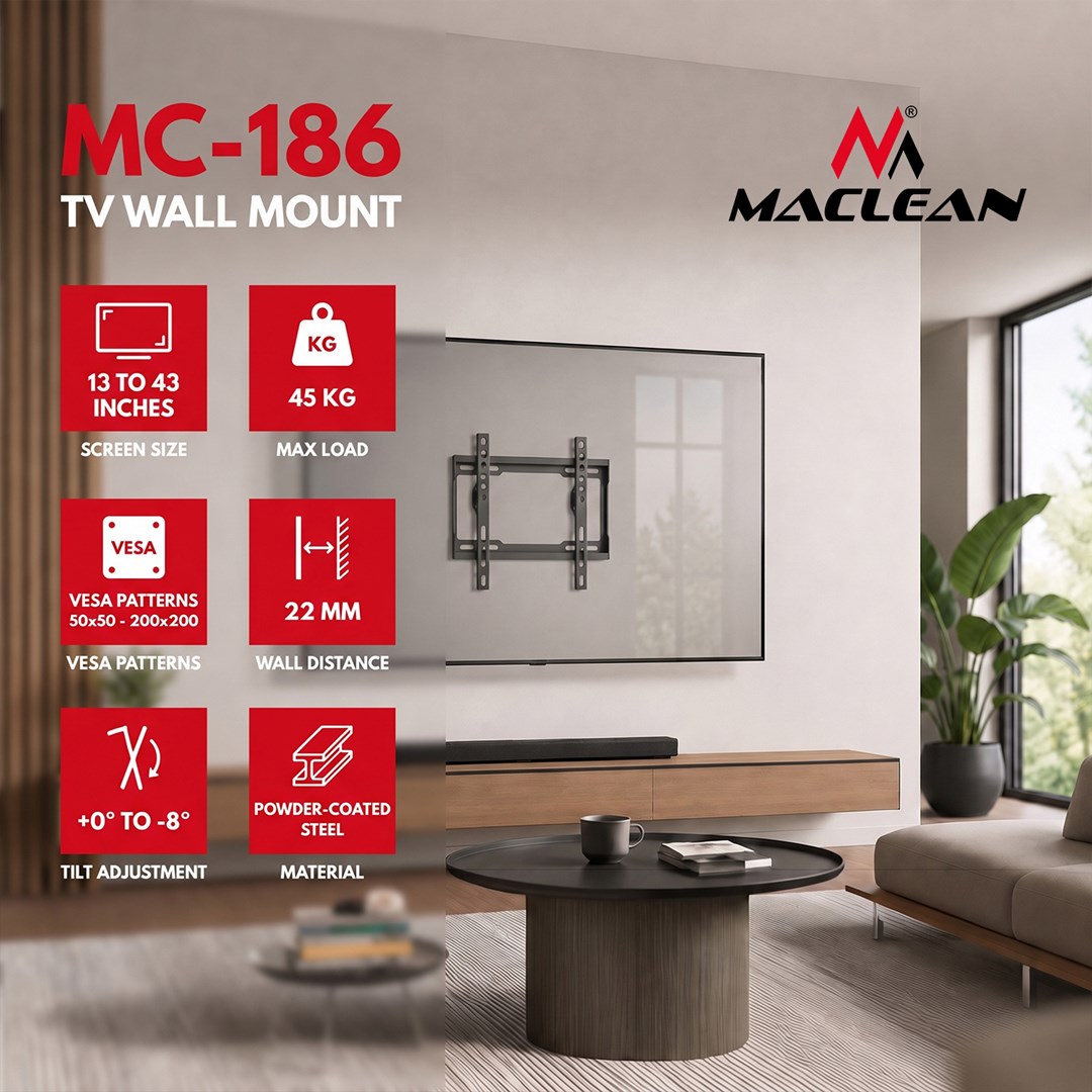 Maclean TV Mount / Bracket, max VESA 200x200, 13-43", up to 45 kg, black, tilt adjustment 0°–8°, MC-186