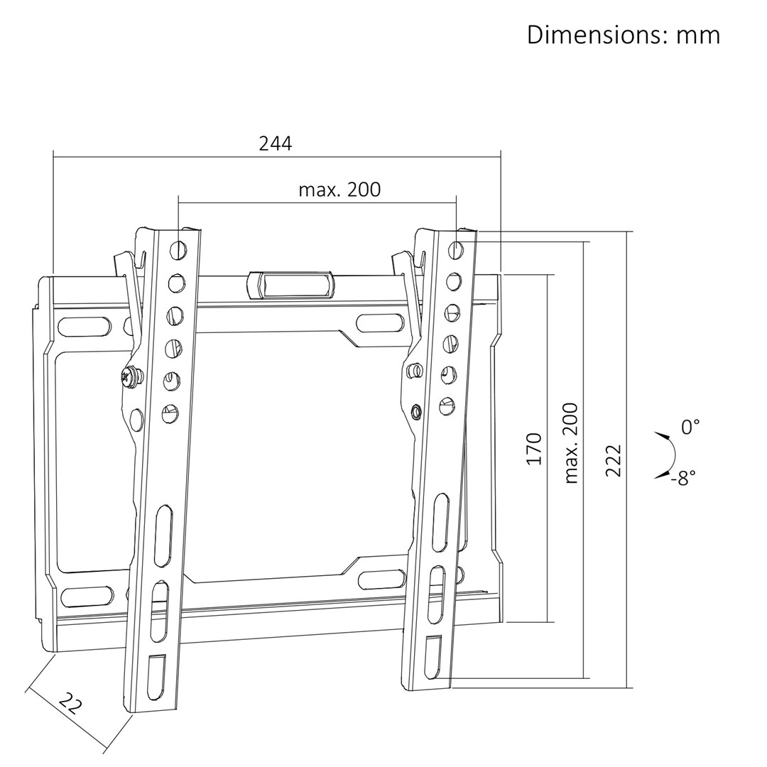 Maclean TV Mount / Bracket, max VESA 200x200, 13-43", up to 45 kg, black, tilt adjustment 0°–8°, MC-186-1