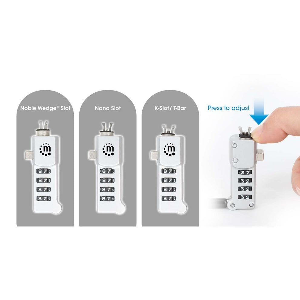 Manhattan Universal Laptop Combination Lock For Noble Wedge®, Nano and K-Slot, Secure 3-in-1 Anti-theft Notebook Lock, Resettable 4-digit Combo, 1.8m, Cut-Resistant Carbon Steel Cable, Translucent PVC Jacket, Silver-7