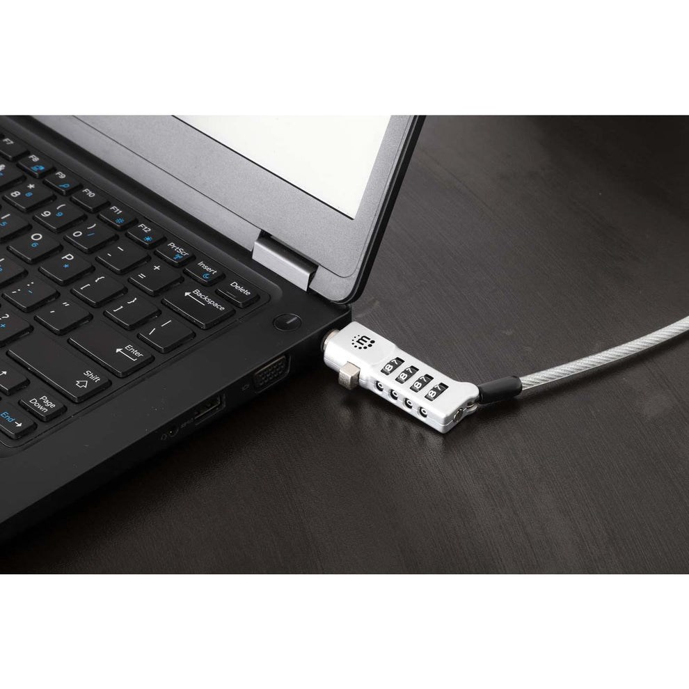 Manhattan Universal Laptop Combination Lock For Noble Wedge®, Nano and K-Slot, Secure 3-in-1 Anti-theft Notebook Lock, Resettable 4-digit Combo, 1.8m, Cut-Resistant Carbon Steel Cable, Translucent PVC Jacket, Silver-3