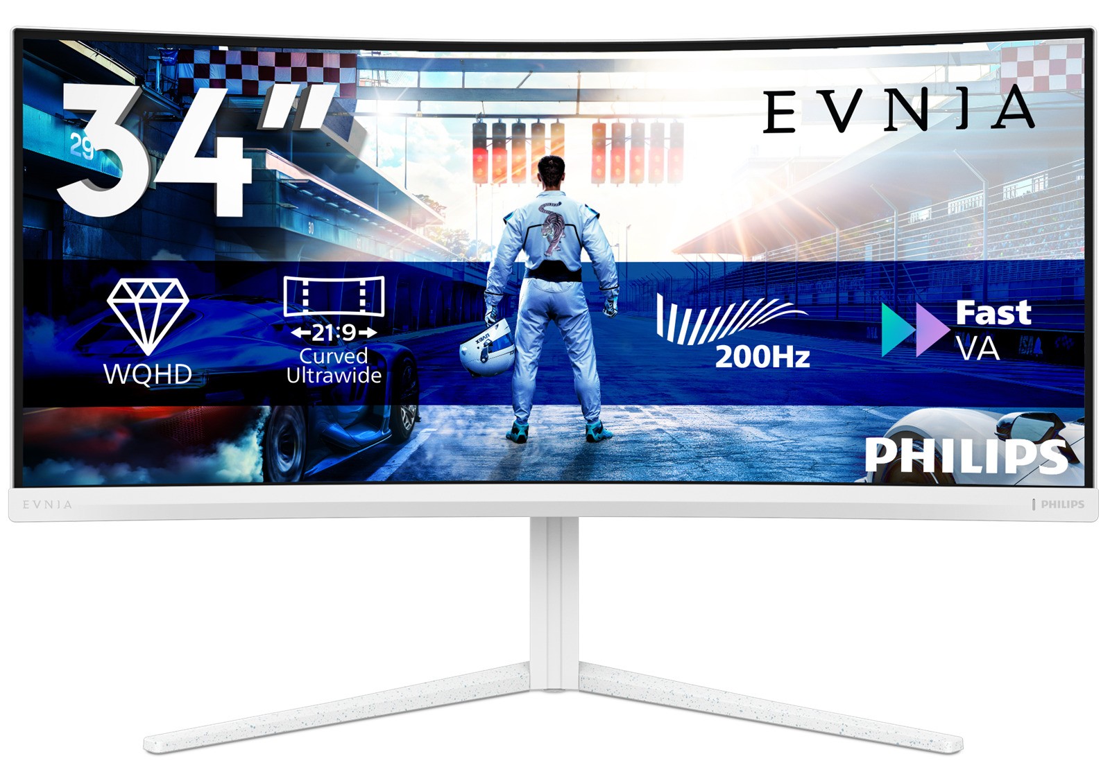Monitor PHILIPS Evnia 34M2C5601QA 34" (Fast VA, WQHD 3440x1440, 200Hz, 1ms, FreeSync Premium, HDR10, USB-C 90W, KVM, Ambiglow, bijela boja)