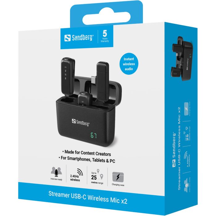Bežični mikrofonski set SANDBERG Streamer USB-C Wireless Mic x2 (2 mikrofona, 2,4 GHz, USB-C prijemnik, do 25 m)-8