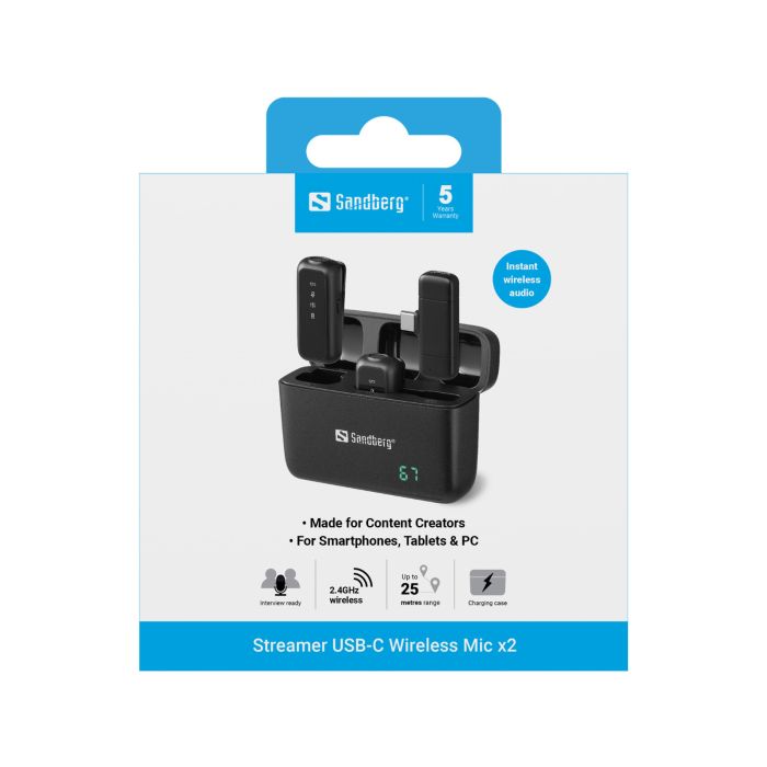 Bežični mikrofonski set SANDBERG Streamer USB-C Wireless Mic x2 (2 mikrofona, 2,4 GHz, USB-C prijemnik, do 25 m)-7