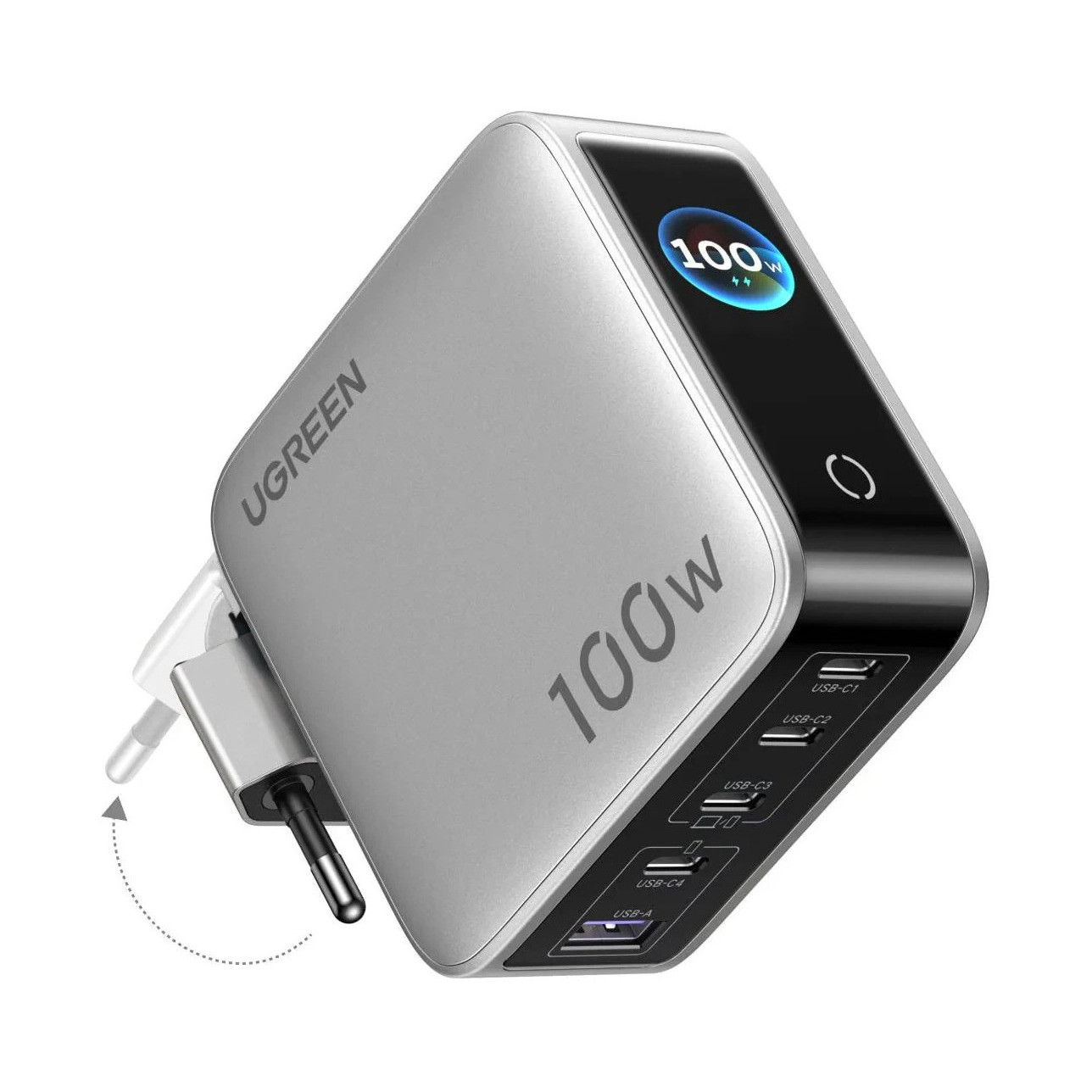 Kućni punjač UGREEN Nexode Pro X773, 100W, 4x USB C, USB A, GaN, s ekranom, sivi