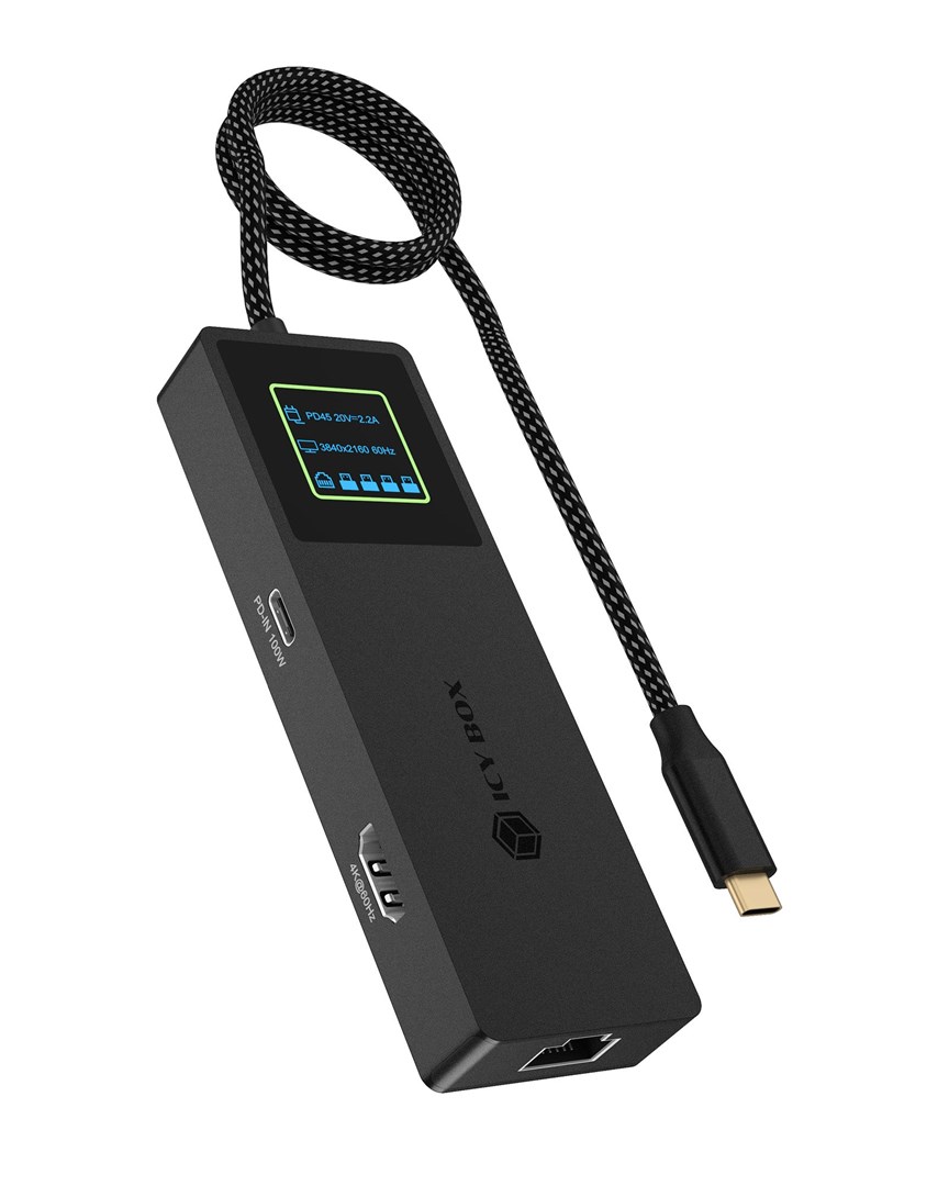Docking stanica ICY BOX Spade Dock 4038 (7-u-1, LCD zaslon, USB-C PD 100 W, HDMI 4K, RJ45)