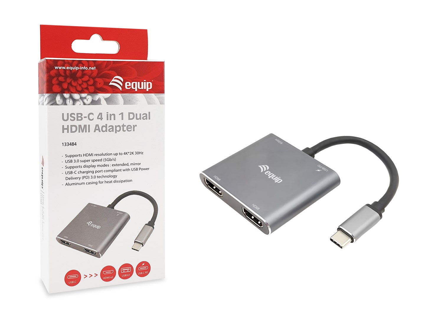 Equip USB-C 4-in-1 Dual HDMI Adapter, USB-C Hub with Dual HDMI USB 3.2 Gen 1 and 100W USB PD, USB-C MST Adapter for Dual Monitors-4