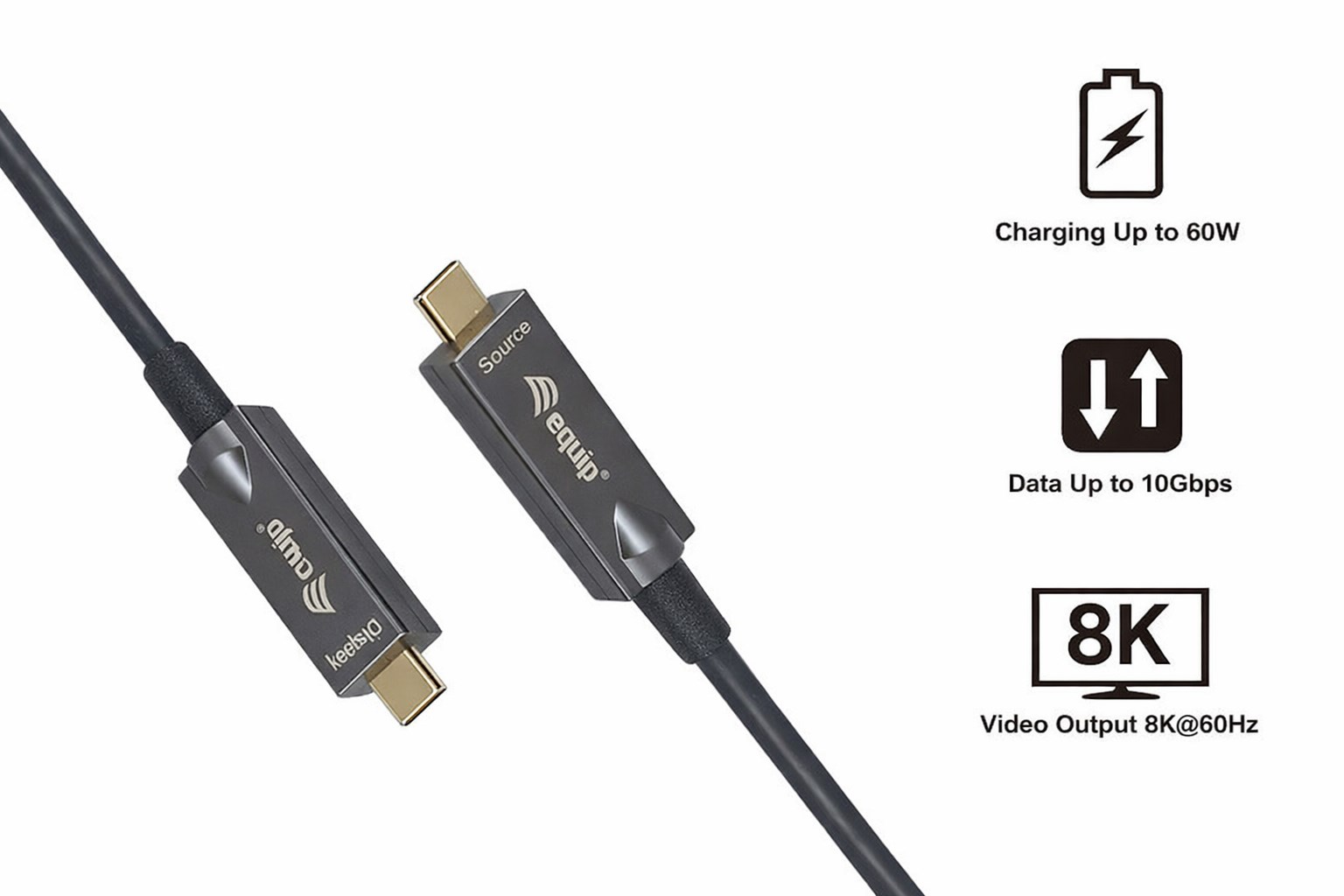 Equip USB-C to C Active Optical Cable, 7.5m, PD 60W, 8K/60Hz, 10Gbps, Video + Data + PD-3