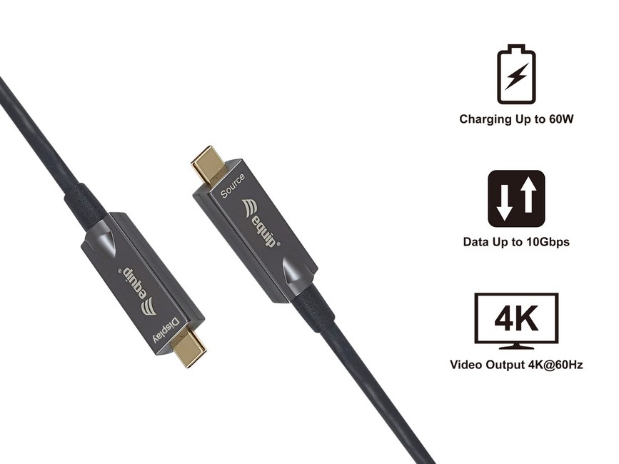Equip USB-C to C Active Optical Cable, 7.5m, PD 60W, 4K/60Hz, 10Gbps, Video + Data + PD-3