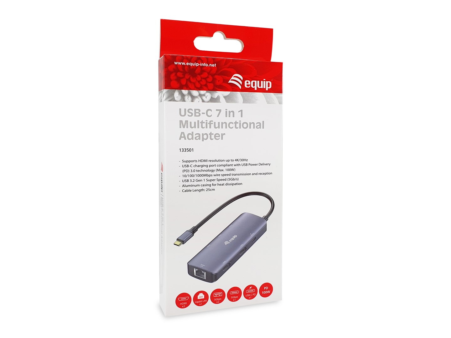 Equip USB-C 7-in-1 MST Multifunctional Adapter, Dual HDMI 4K/30Hz, Gigabit Ethernet, 100W USB-C PD, USB-C (5Gbps) x 1, USB-A (5Gbps) x 2-2