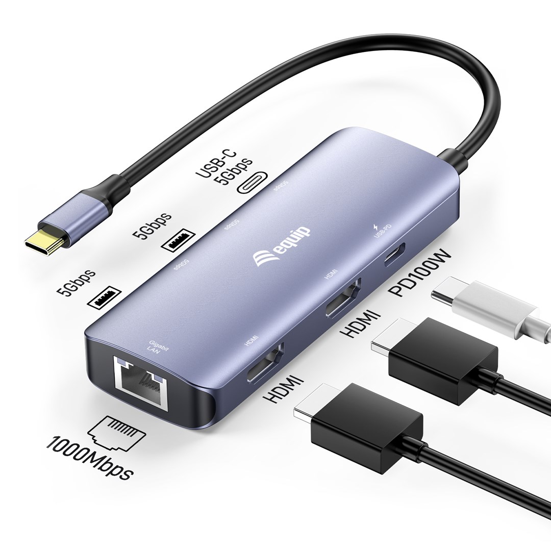 Equip USB-C 7-in-1 MST Multifunctional Adapter, Dual HDMI 4K/30Hz, Gigabit Ethernet, 100W USB-C PD, USB-C (5Gbps) x 1, USB-A (5Gbps) x 2-1