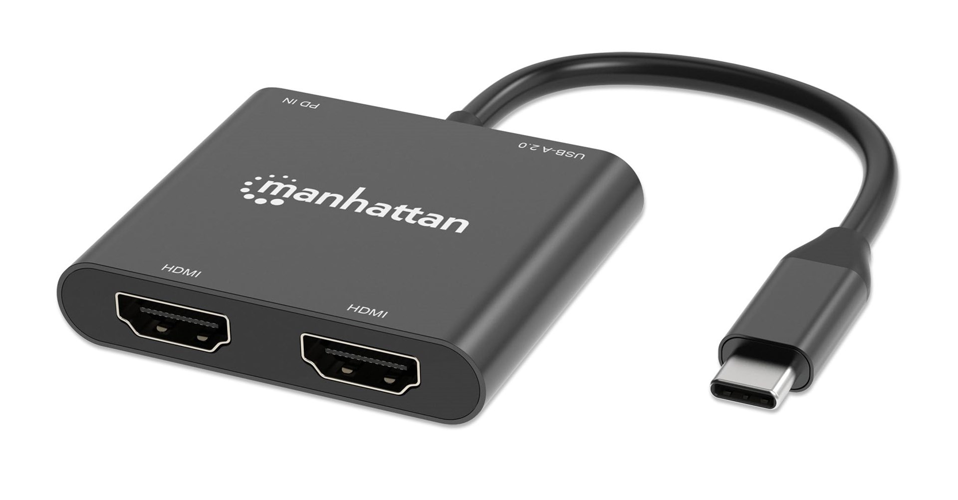 Manhattan USB-C to Dual HDMI & USB-A Adapter, Dual 4K@30Hz or Single 4K@60Hz, Power Delivery 100W, 480 Mbps (USB 2.0), Cable 15cm, Black, Male to Female, Three Year Warranty-10