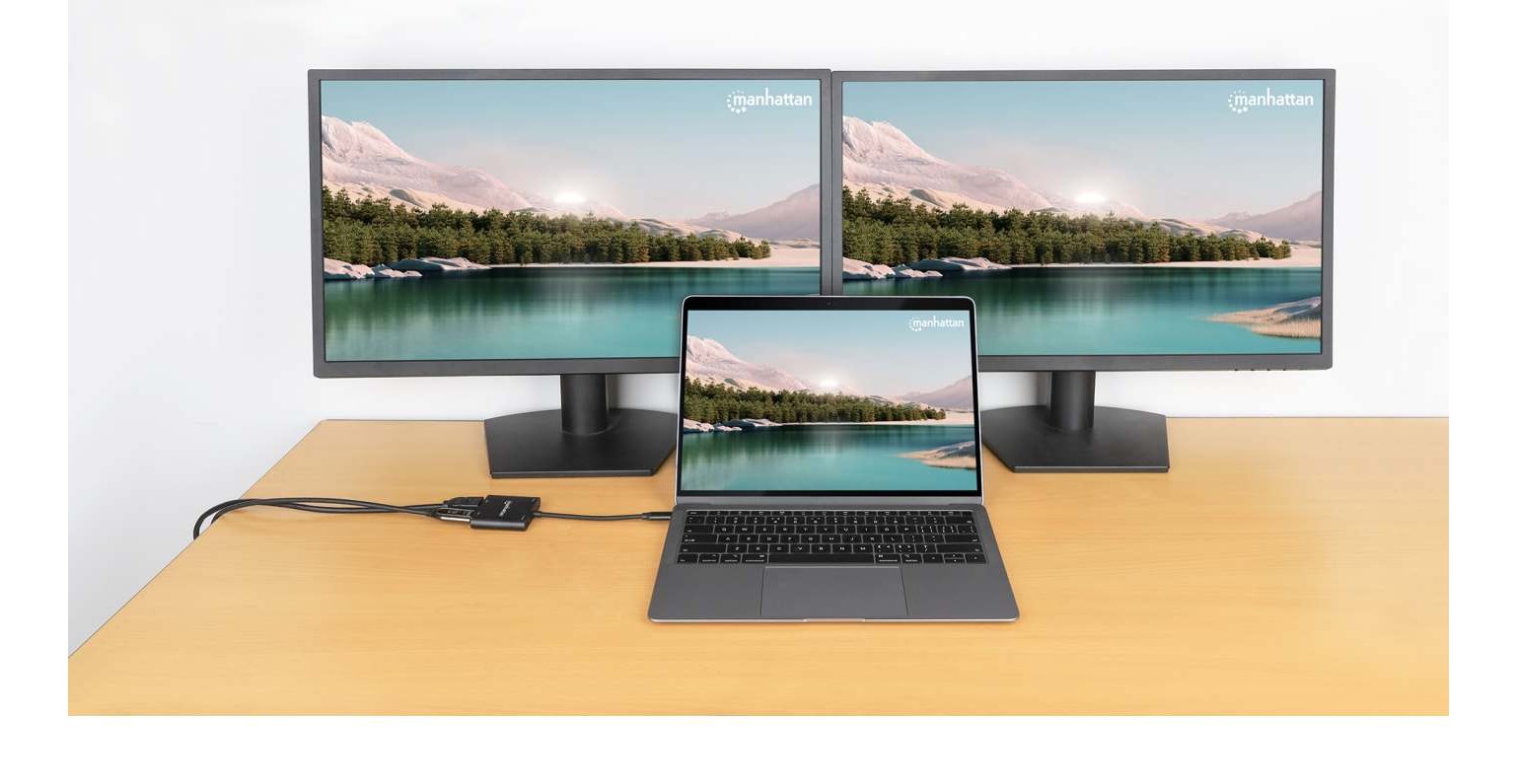 Manhattan USB-C to Dual HDMI & USB-A Adapter, Dual 4K@30Hz or Single 4K@60Hz, Power Delivery 100W, 480 Mbps (USB 2.0), Cable 15cm, Black, Male to Female, Three Year Warranty-2