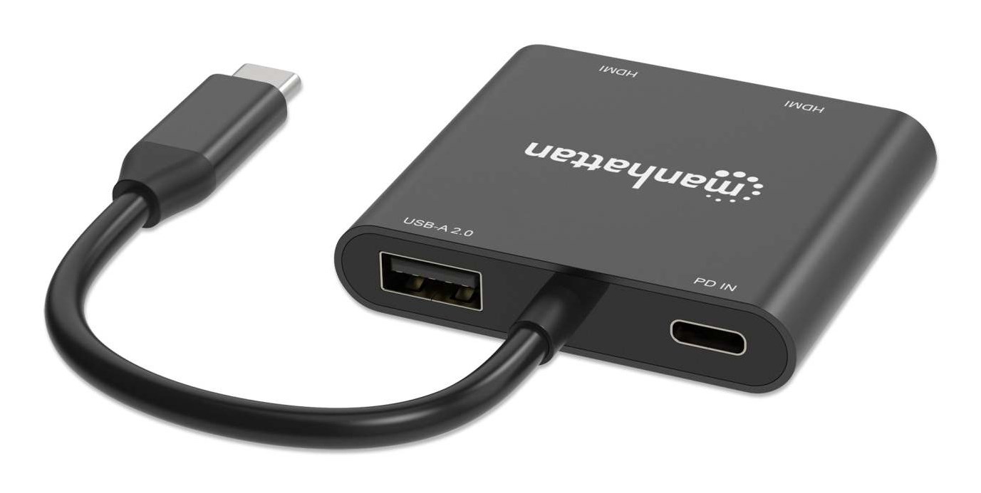 Manhattan USB-C to Dual HDMI & USB-A Adapter, Dual 4K@30Hz or Single 4K@60Hz, Power Delivery 100W, 480 Mbps (USB 2.0), Cable 15cm, Black, Male to Female, Three Year Warranty-9
